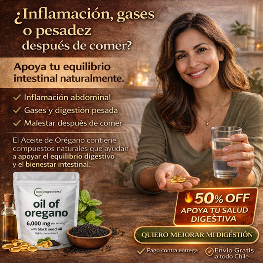 🌿 Aceite de Orégano (60 cápsulas) ¿Inflamación o gases después de comer? Podría ser un desequilibrio intestinal.