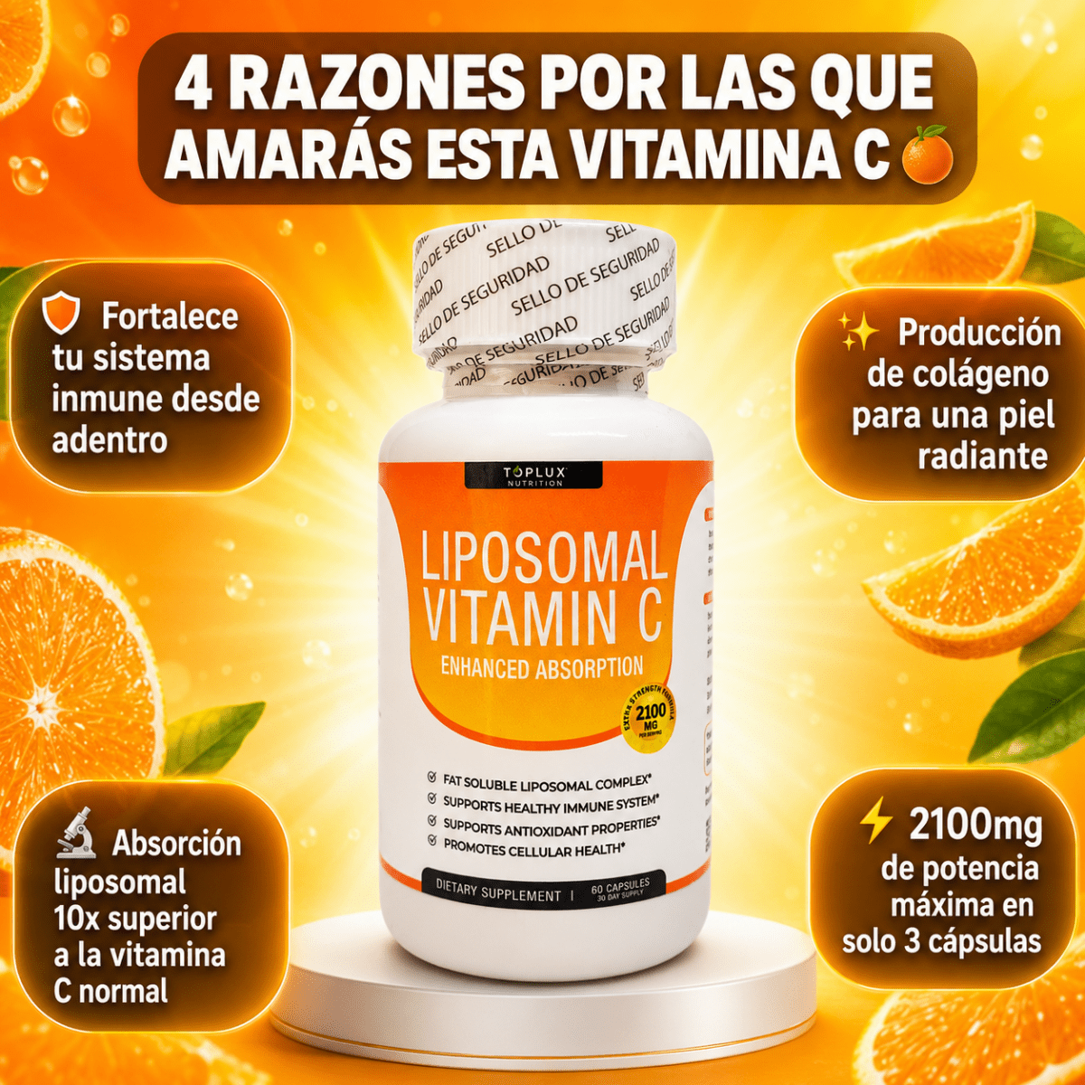 ImmunoShield™ – Vitamina C Liposomal 2100mg | Absorción Celular Máxima, Sistema Inmune Blindado y Energía Sostenida - Bodega Núcleo